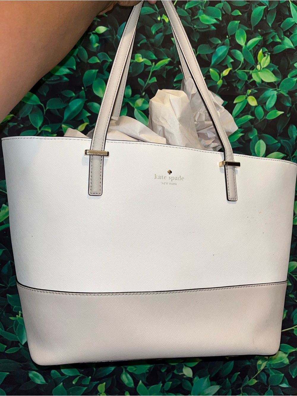 kate spade White Two-Tone Leather Tote with Gold Accents